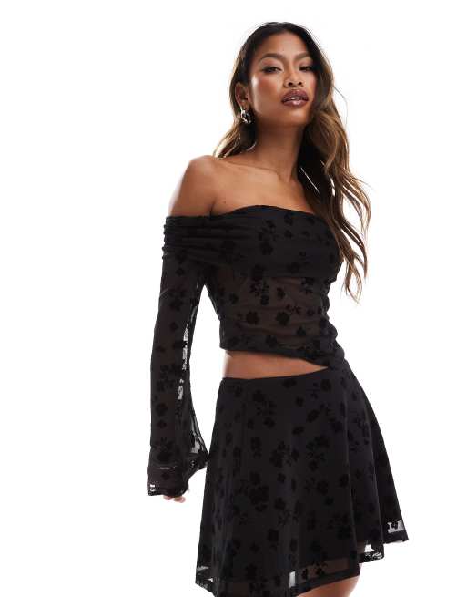 ASOS DESIGN burnout bardot top in black floral (part of a set)