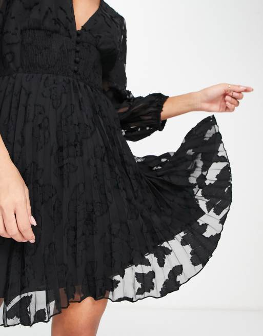 ASOS DESIGN burnout button through shirred waist pleated mini dress in black, 3 of 4