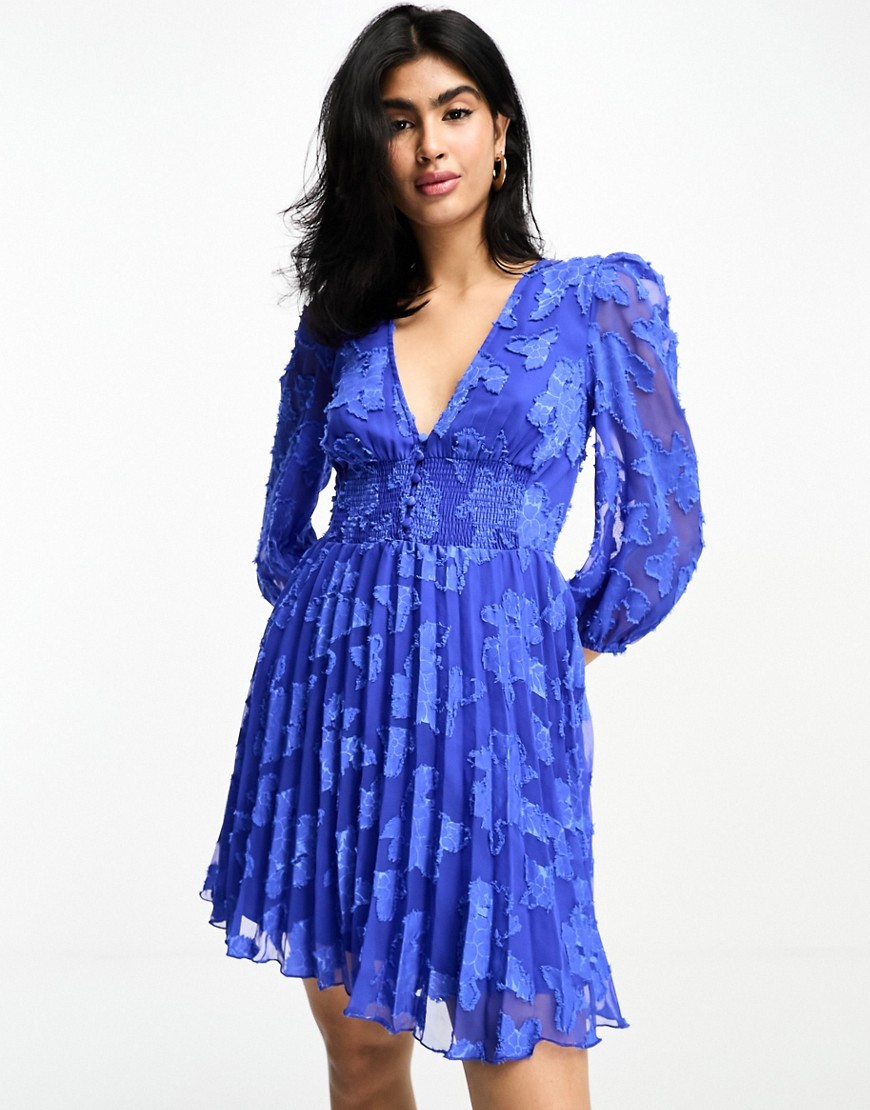 ASOS DESIGN burnout button through shirred waist pleated mini dress in cobalt blue