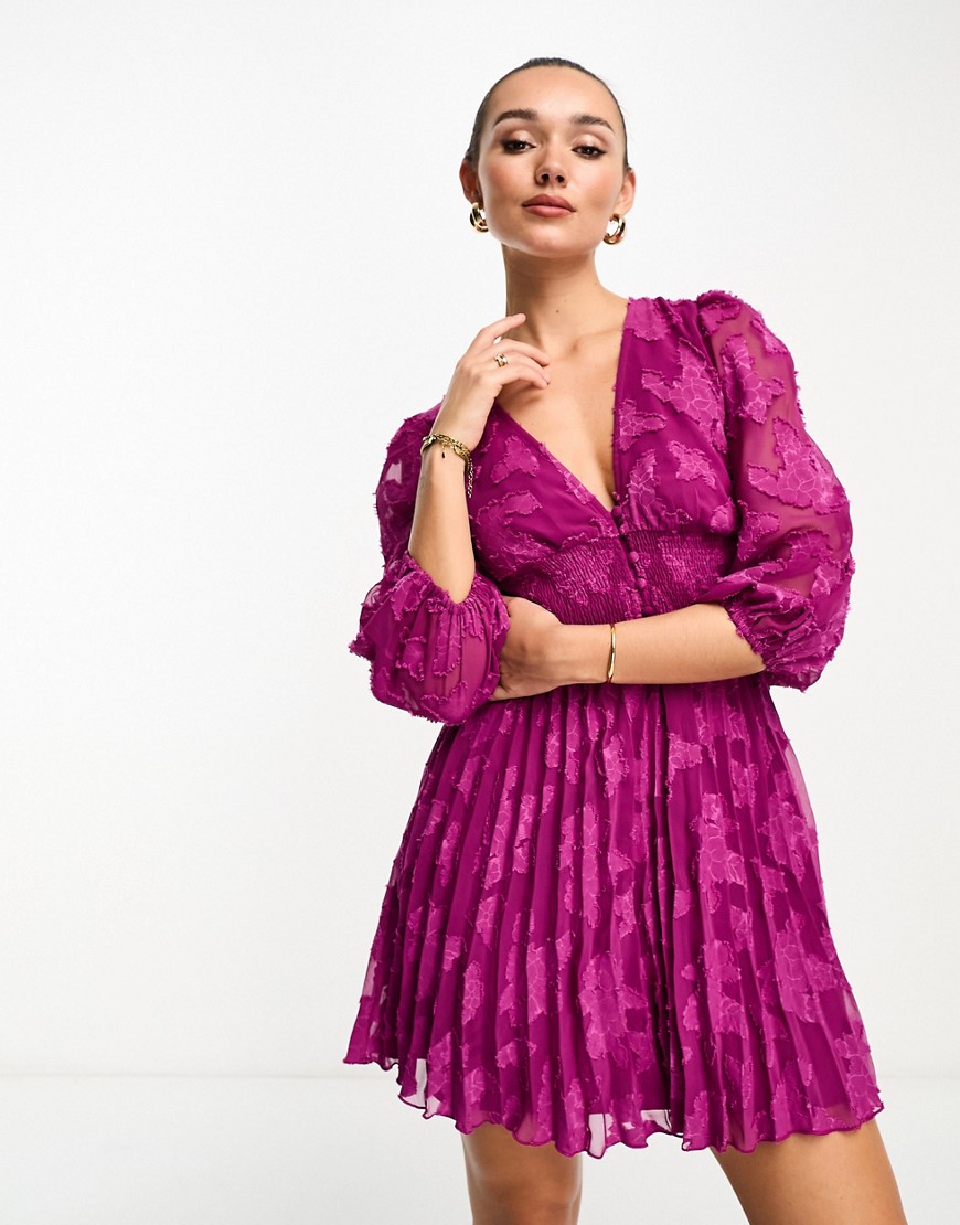 Asos Design Burnout Button Through Shirred Waist Pleated Mini Dress In Dark Purple