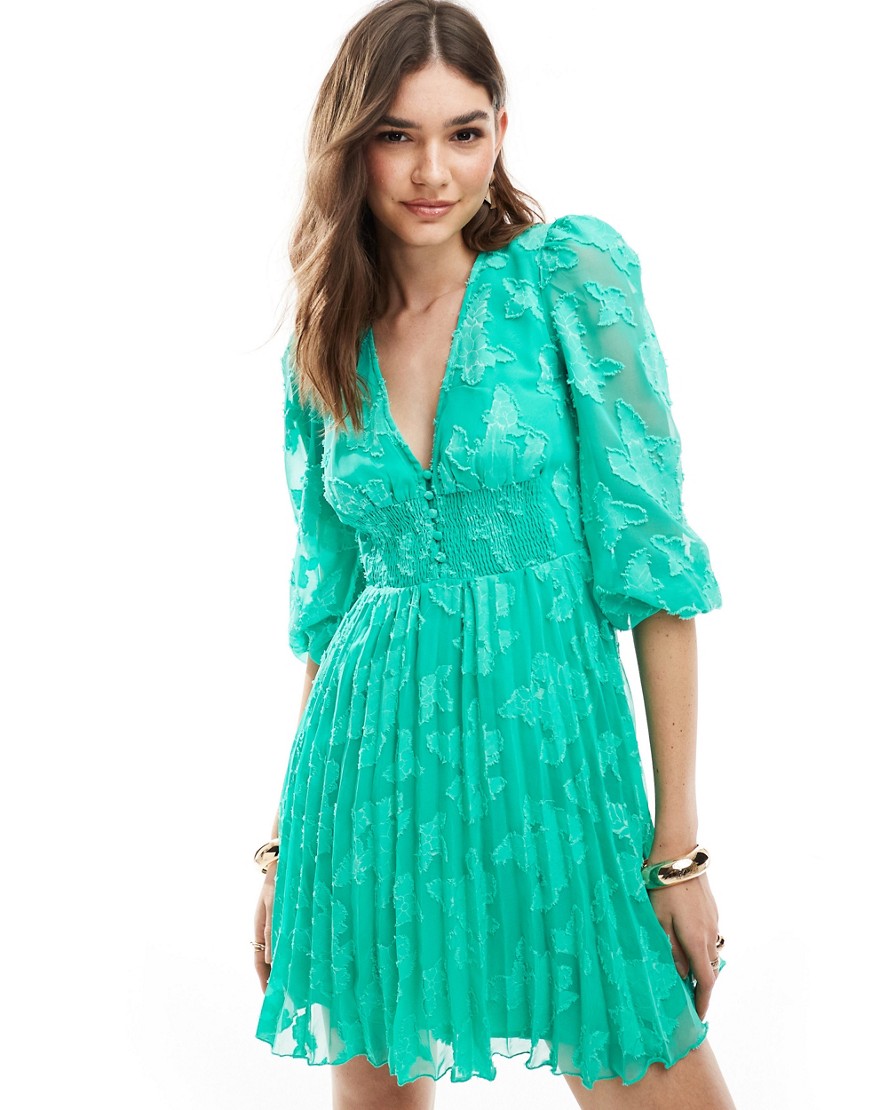 Asos Design Burnout Button Up Shirred Waist Pleated Mini Dress-green