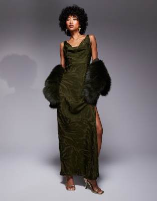 Asos Design Burnout Cowl Double Layer Tie Detail Maxi Dress In Dark Khaki-green