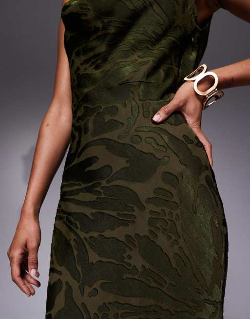 ASOS DESIGN burnout cowl double layer tie detail maxi dress in dark khaki