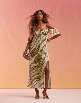 Asos Design Burnout Cupped Cami Maxi Dress With Frill Sleeve In Green Stripe Print-multi