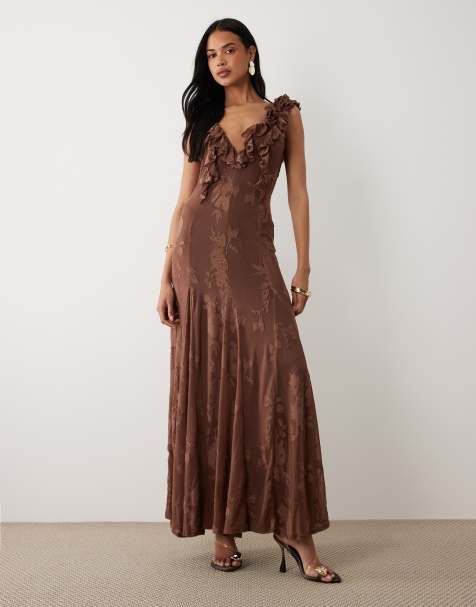 ASOS DESIGN burnout devore frill soft v neck maxi dress with godets in chocolate - view 1