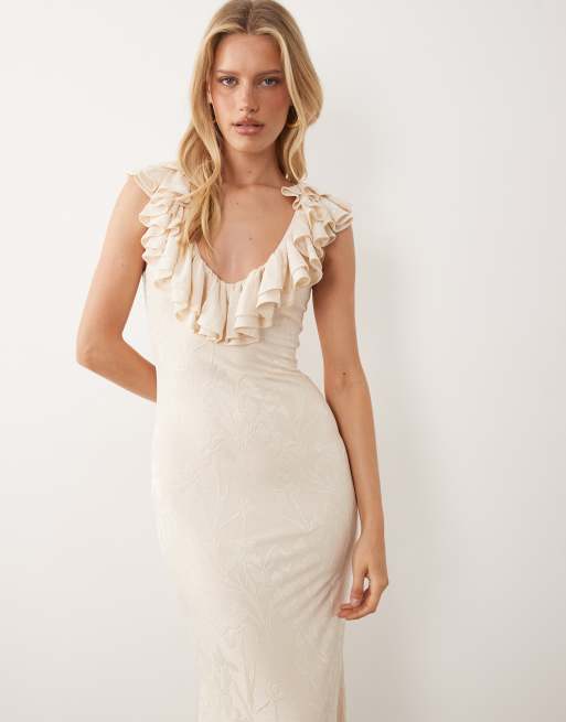 ASOS DESIGN burnout devore frill soft v neck maxi with godets in natural, 2 of 4