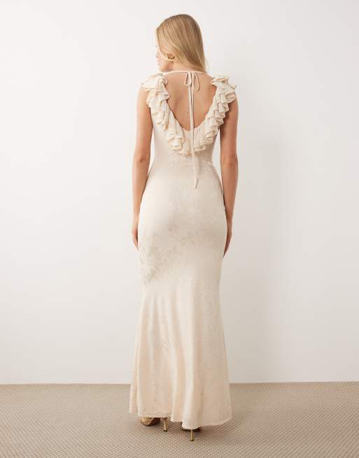 ASOS DESIGN burnout devore frill soft v neck maxi with godets in natural, 4 of 4