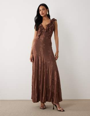 Asos Design Burnout Devoré Frill Trim Soft V-neck Maxi Dress With Godets In Brown