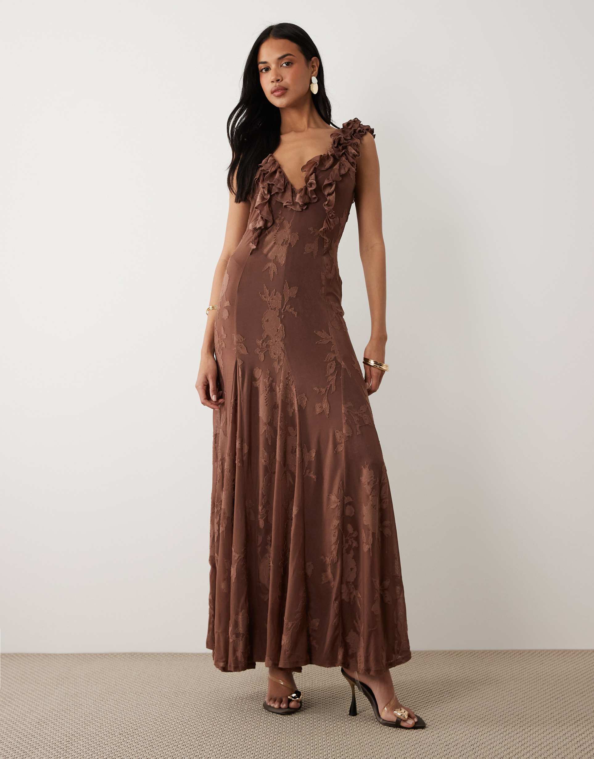 asos design burnout devoré frill trim soft v-neck maxi dress with godets in chocolate