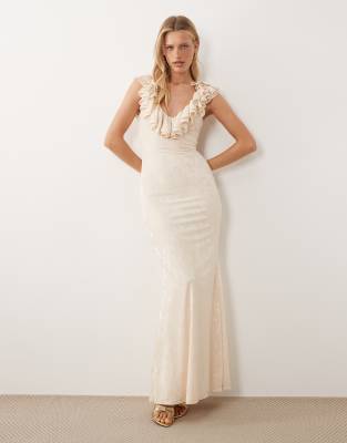 Asos Design Burnout Devore Ruffle Soft V-neck Maxi With Godets In White