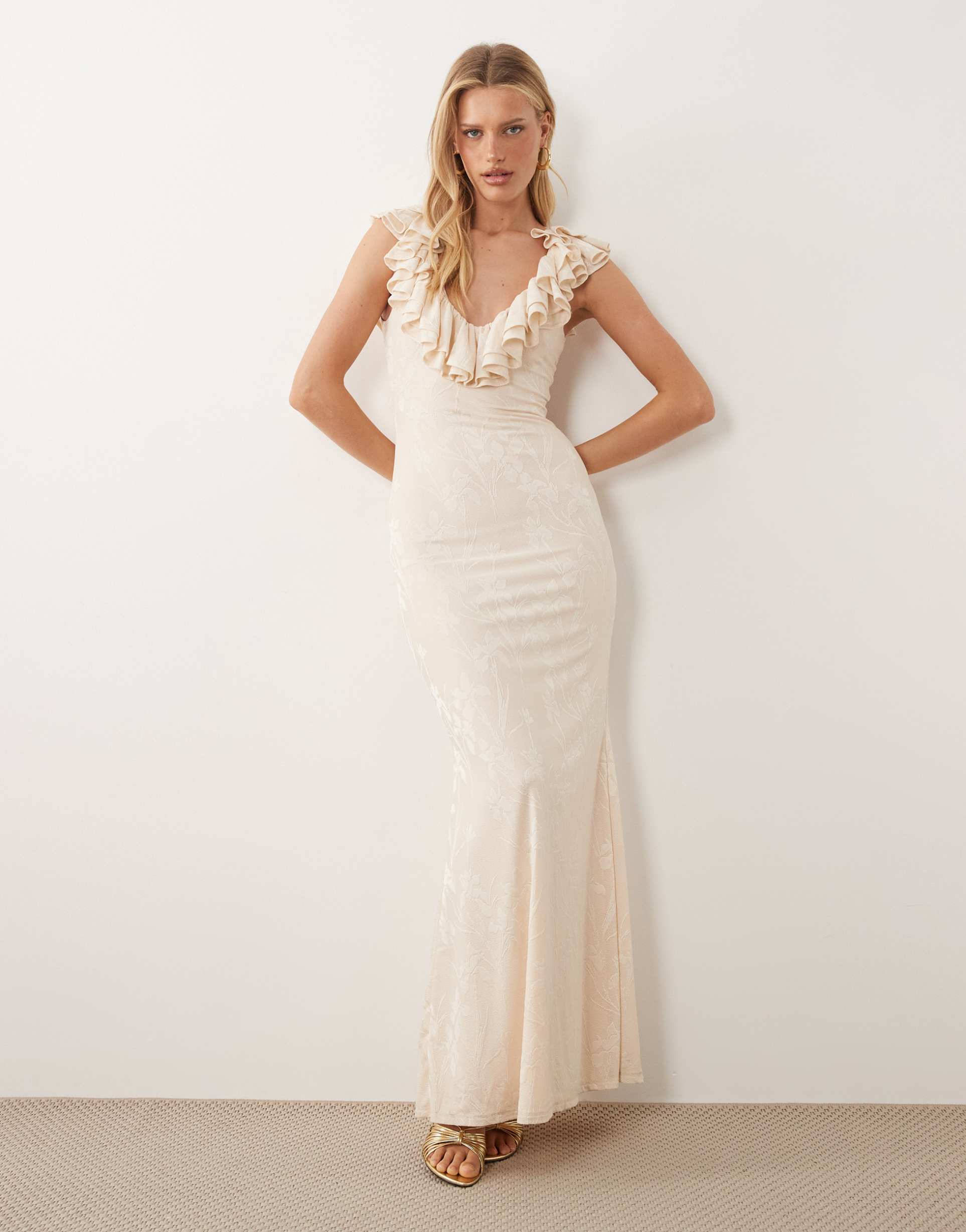 asos design burnout devore ruffle soft v-neck maxi with godets in natural