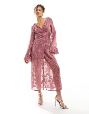 Asos Design Burnout Floral Wrap Midi Dress With Flared Sleeves In Dark Rose-pink