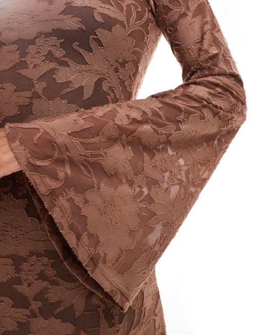 ASOS DESIGN burnout flute sleeve maxi dress with full skirt in brown, 3 of 4