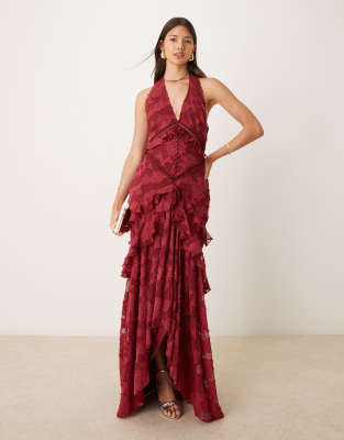 Asos Design Burnout Jacquard Halter Neck High-low Maxi Dress In Red