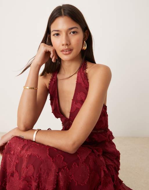 ASOS DESIGN burnout jacquard halter neck high low maxi dress in red ASOS