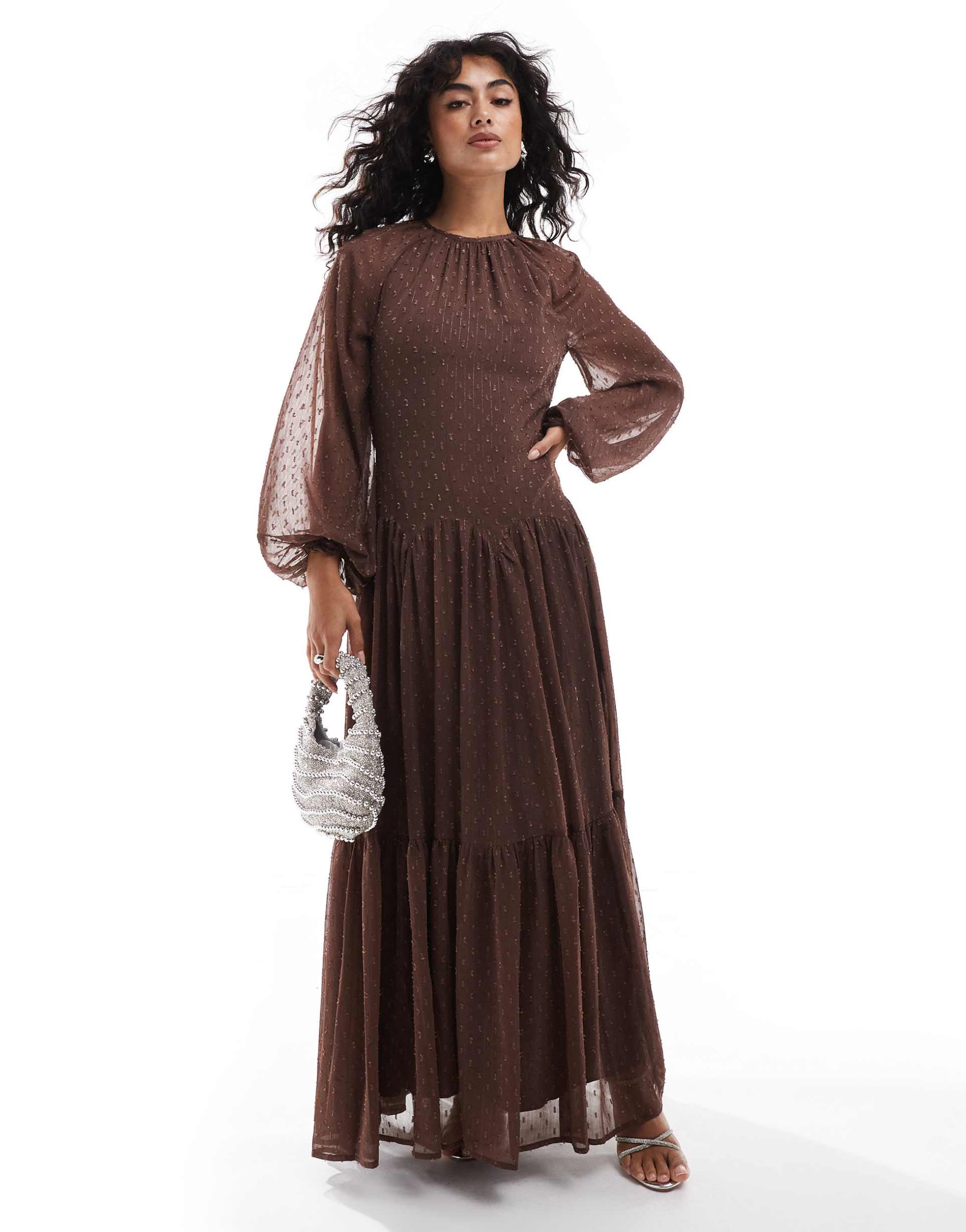 asos design burnout jacquard high neck scalloped flared maxi dress in chocolate