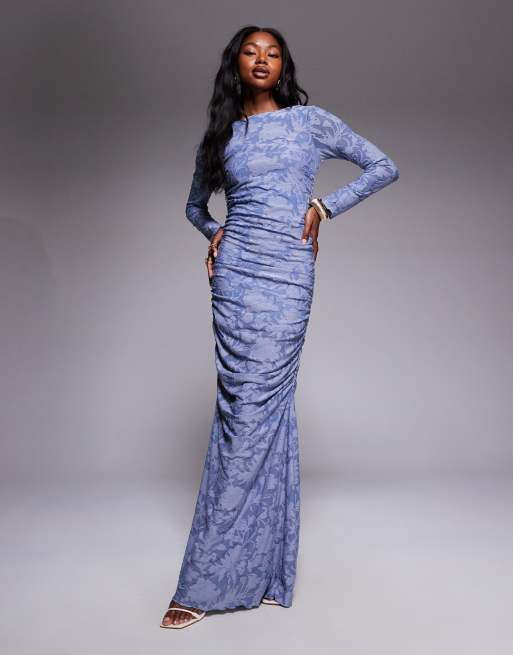 ASOS DESIGN burnout long sleeve ruched maxi dress in blue