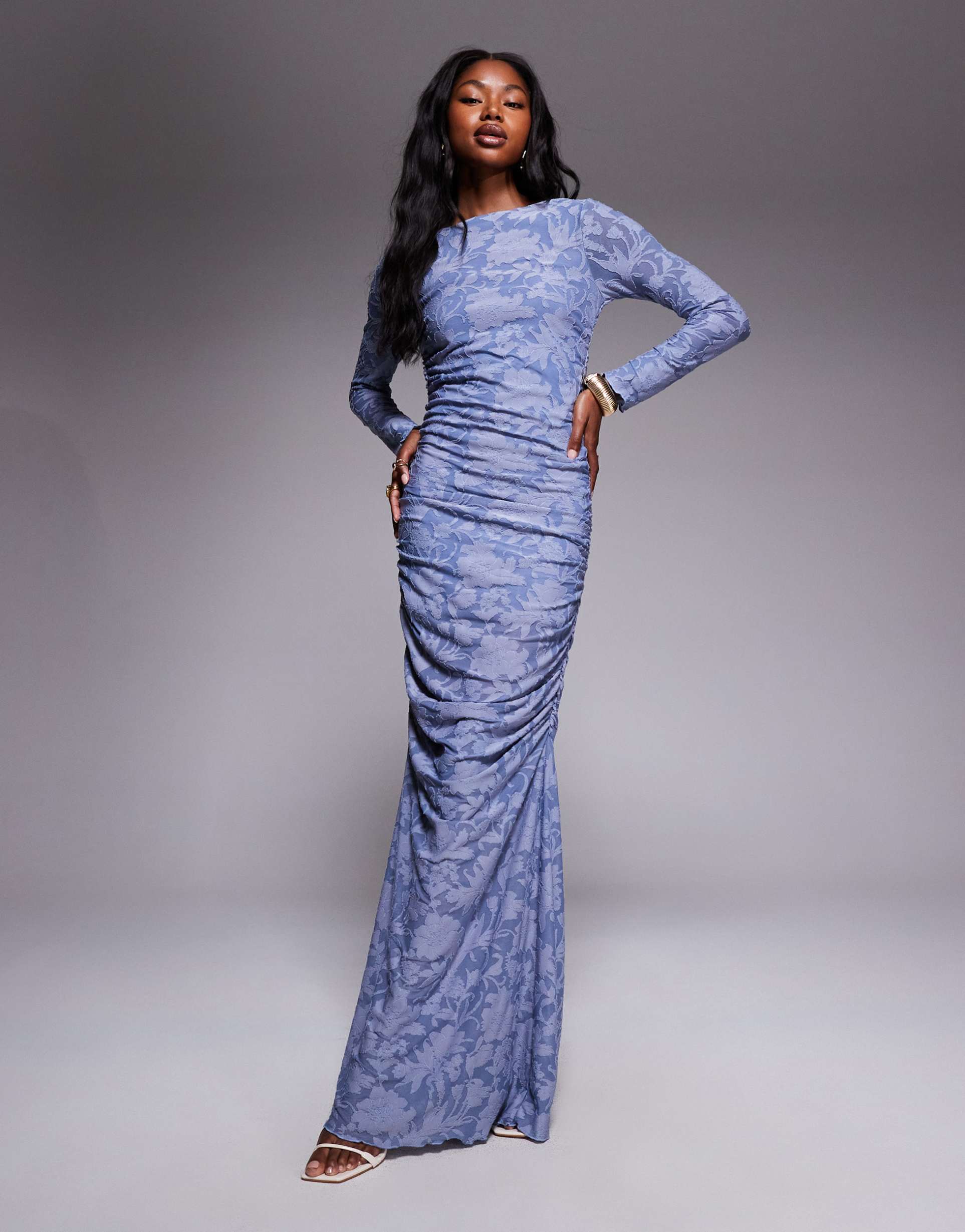 asos design burnout long sleeve ruched maxi dress in blue
