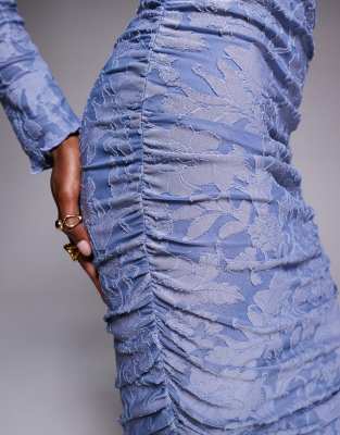ASOS DESIGN burnout long sleeve ruched maxi dress in blue
