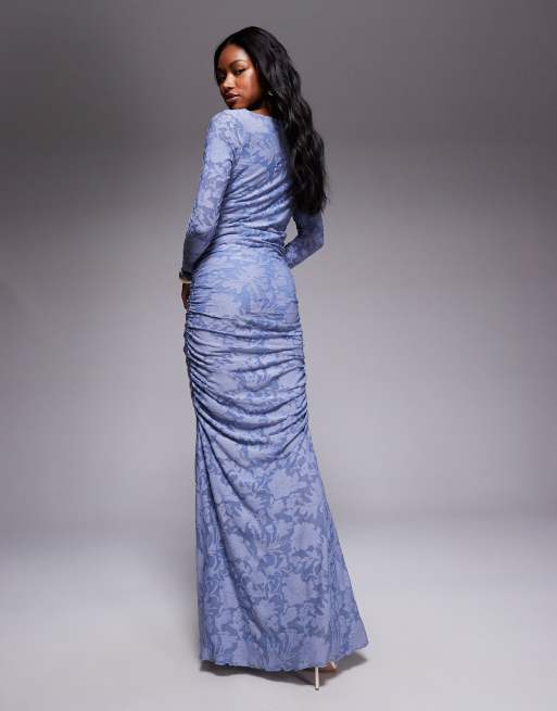 ASOS DESIGN burnout long sleeve ruched maxi dress in blue