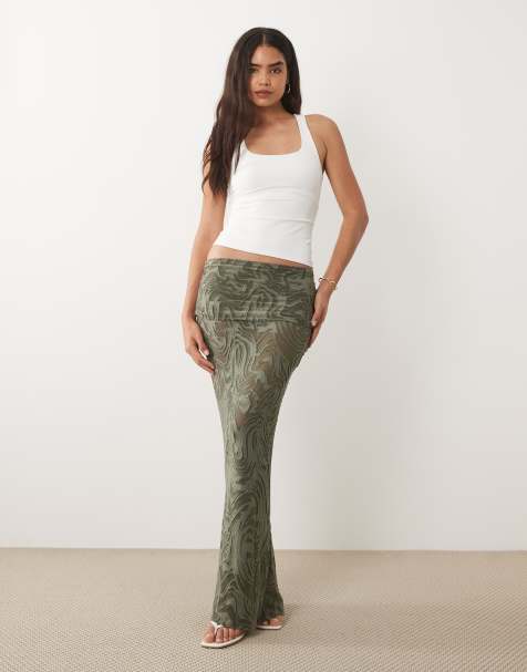 ASOS DESIGN burnout maxi rok met overslagdetail in kaki - view 1