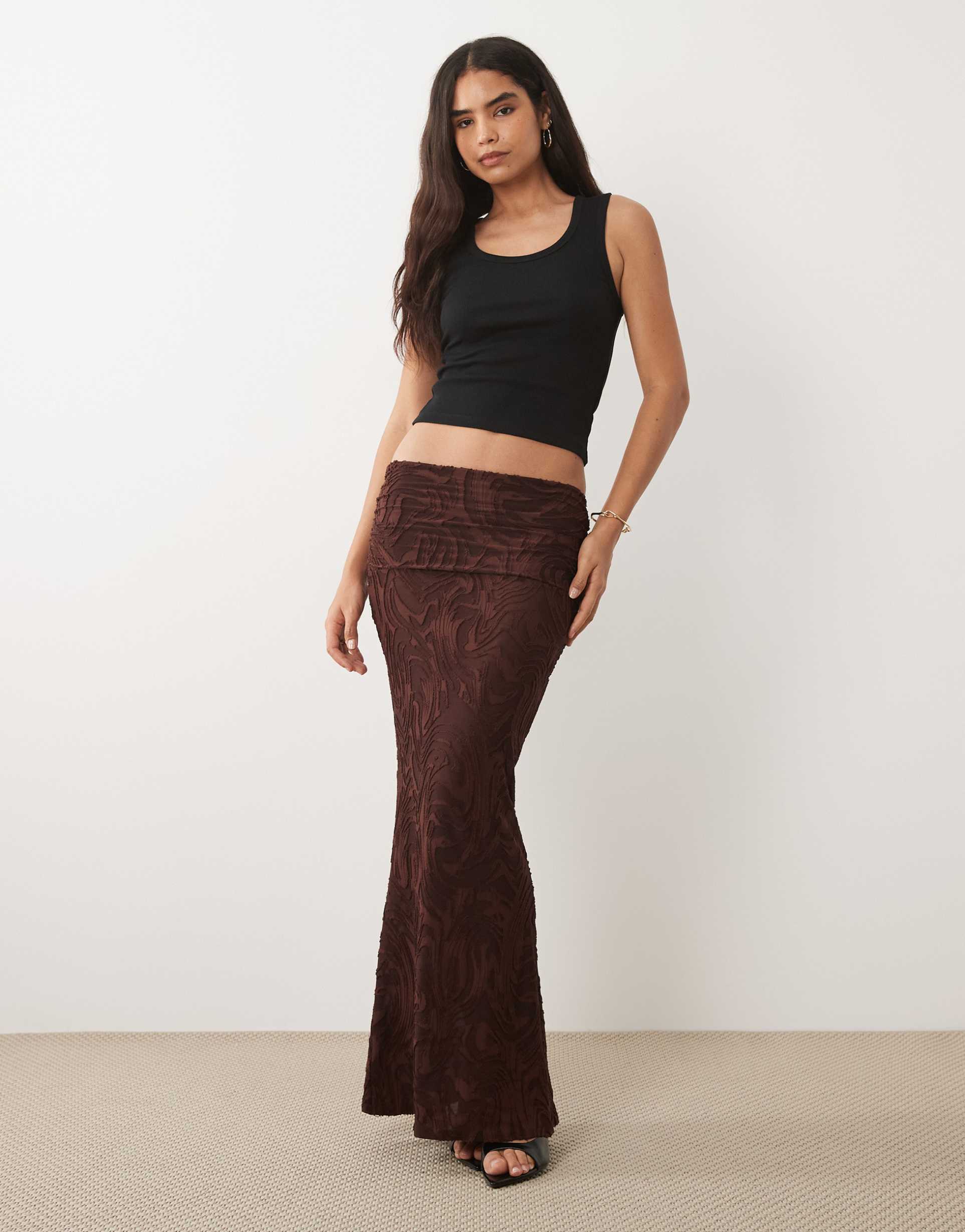 asos design burnout maxi skirt with overwrap detail in chocolate