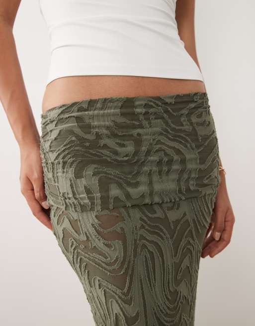 ASOS DESIGN burnout maxi skirt with overwrap detail in khaki, 3 of 5