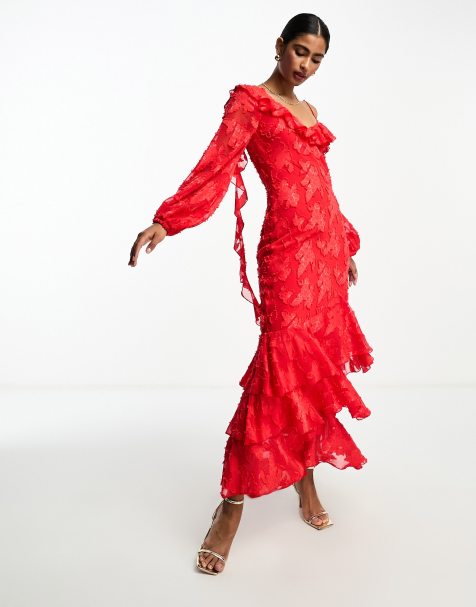 ASOS DESIGN long sleeve ruffle maxi dress in satin and chiffon mix in red