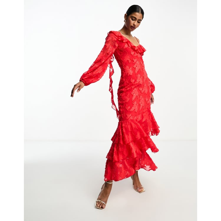 ASOS DESIGN long sleeve ruffle maxi dress in satin and chiffon mix in red