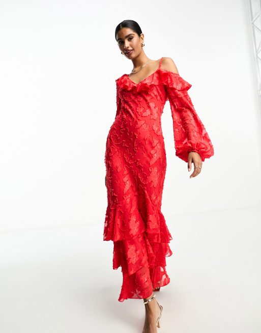 ASOS DESIGN burnout ruffle strap maxi dress in bright red