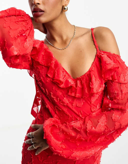 ASOS DESIGN ruffle chiffon blouse with ties in red