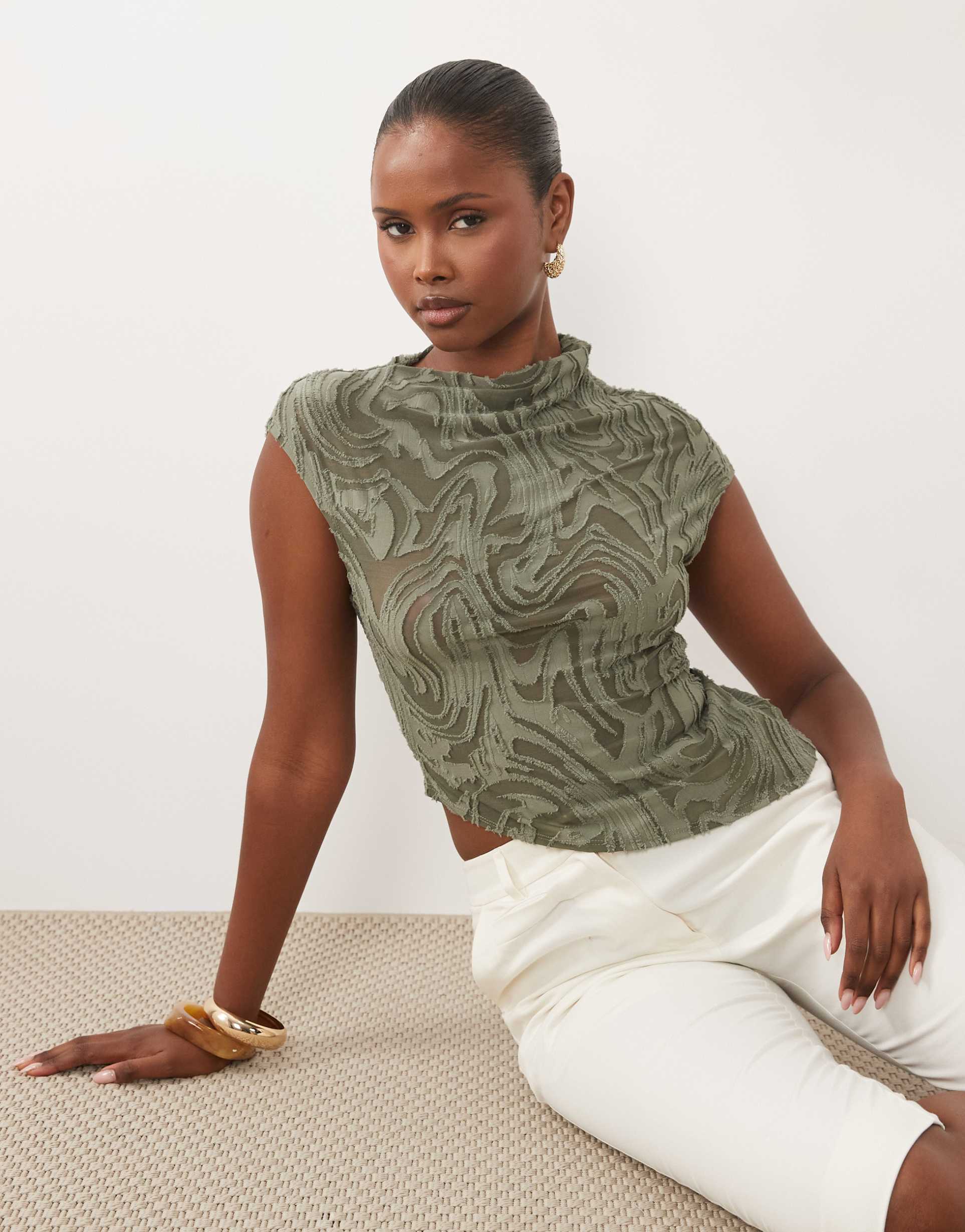 asos design burnout swirl high neck top in khaki