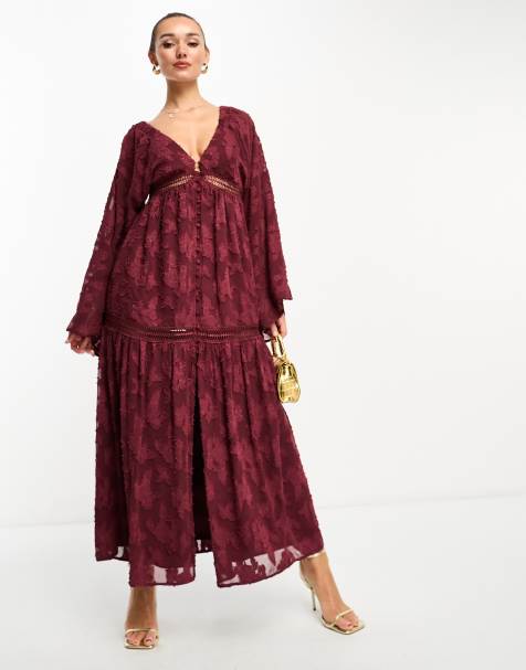 ASOS DESIGN burnout v neck batwing midi dress with button through detail in burgundy - view 1