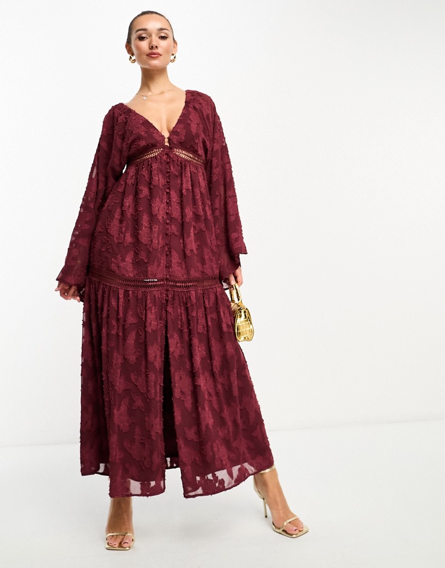 ASOS DESIGN burnout v neck batwing midi dress with button through detail in burgundy-Red