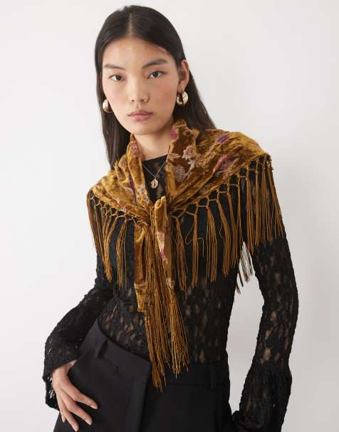ASOS DESIGN burnt out velvet tassel triangle scarf - view 1
