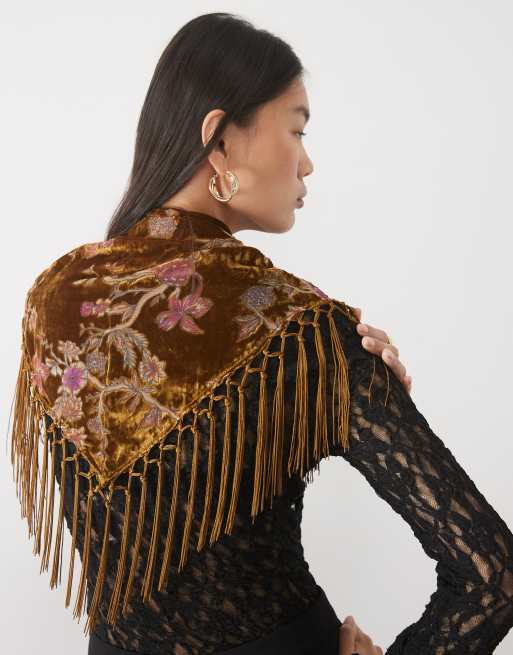 ASOS DESIGN burnt out velvet tassel triangle scarf, 3 of 5