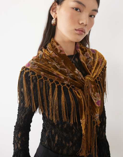 ASOS DESIGN burnt out velvet tassel triangle scarf, 5 of 5