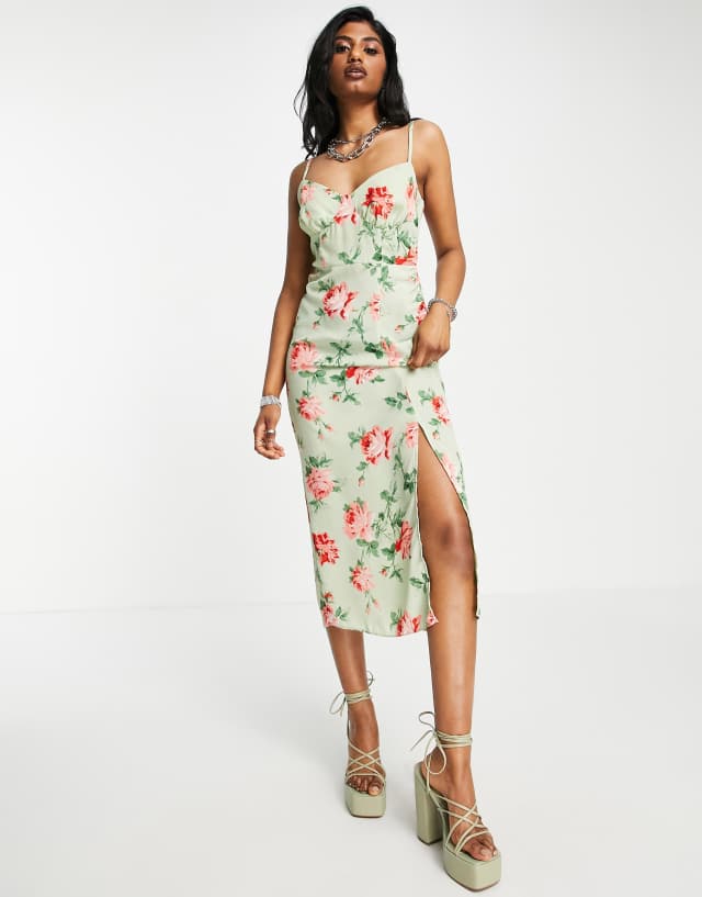 ASOS DESIGN bust cup cami midi dress with split in sage floral print