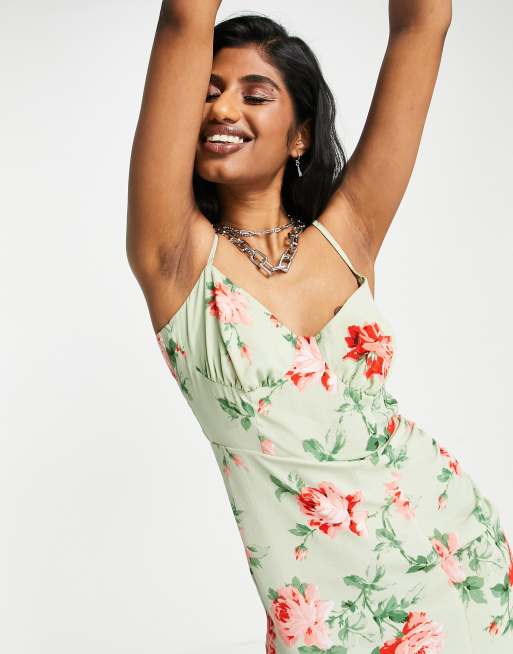 ASOS DESIGN bust cup cami midi dress with split in sage floral print