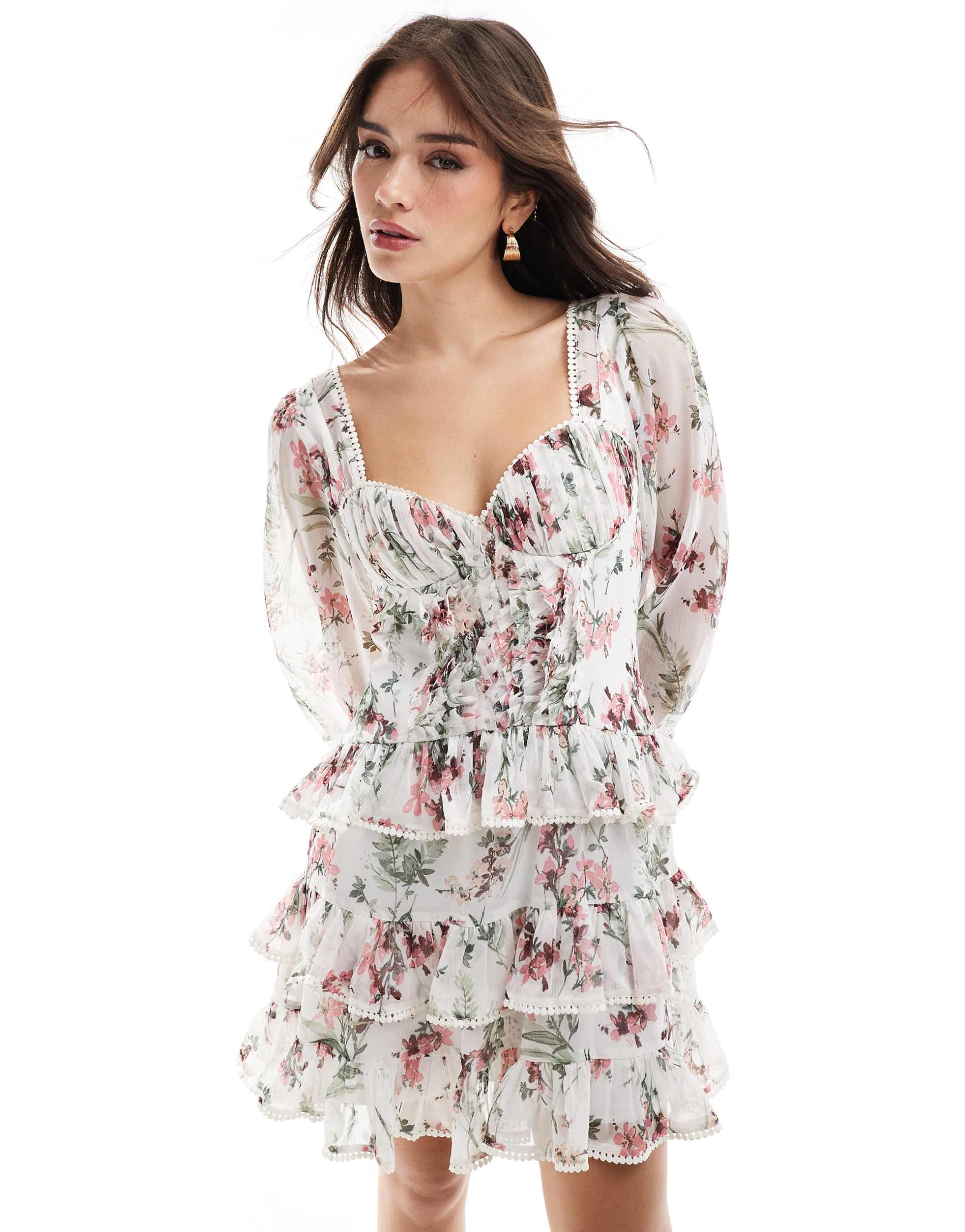 asos design bust cup frilly mini dress with lace trim in pink floral