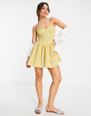 ASOS DESIGN bust cup open back mini sundress in yellow and lilac gingham