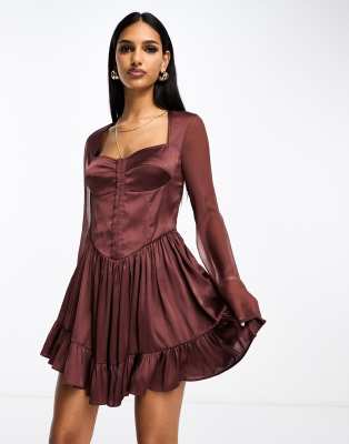 ASOS DESIGN bustier mixed satin and chiffon mini skater dress in plum-Purple