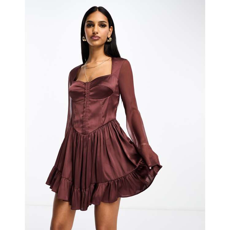 plum skater dress boohoo Women's Bengaline Corset Long Sleeve Skater Dress
