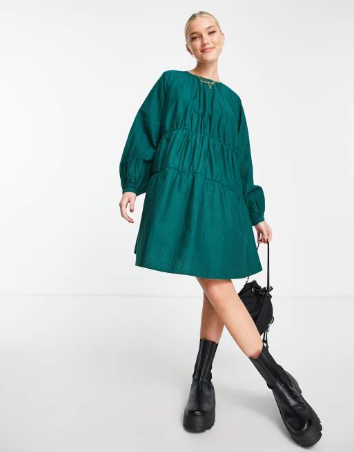 ASOS DESIGN – Butelkowozielona warstwowa sukienka mini z bawełnianej popeliny