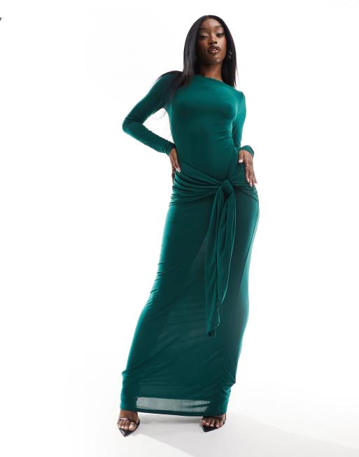 ASOS DESIGN – Butelkowozielona wiązana z przodu sukienka maxi z drapowaniem