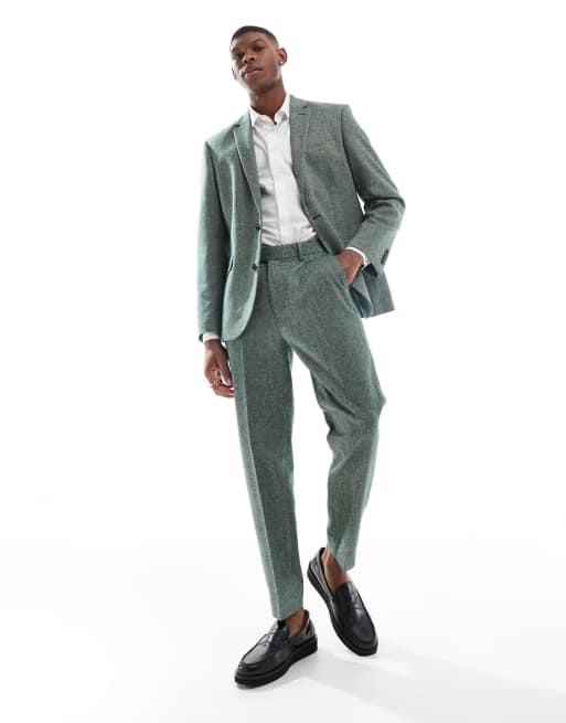 ASOS DESIGN – Butelkowozielone zwężane spodnie garniturowe z tweedu z domieszką wełny