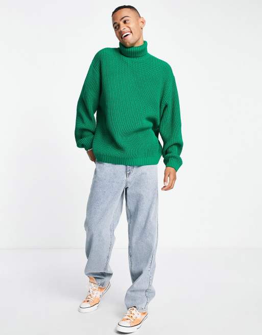 ASOS DESIGN – Butelkowozielony sweter oversize o splocie angielskim z odwijanym golfem