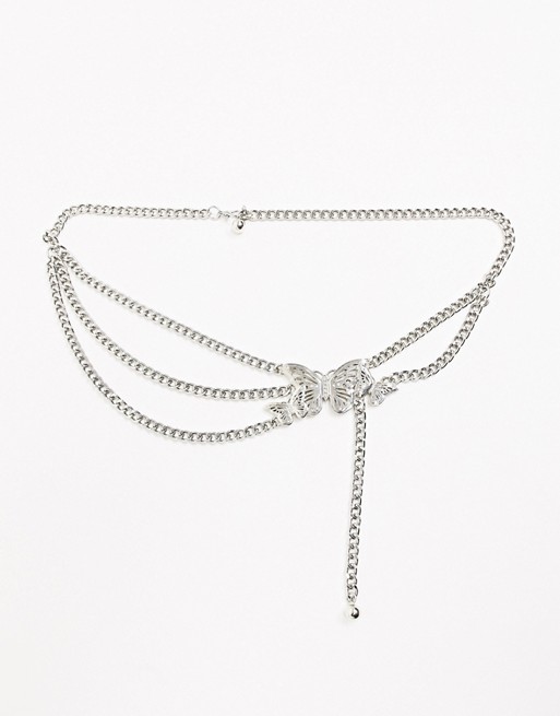 ASOS DESIGN butterfly and diamante chain waist and hip belt in silver
