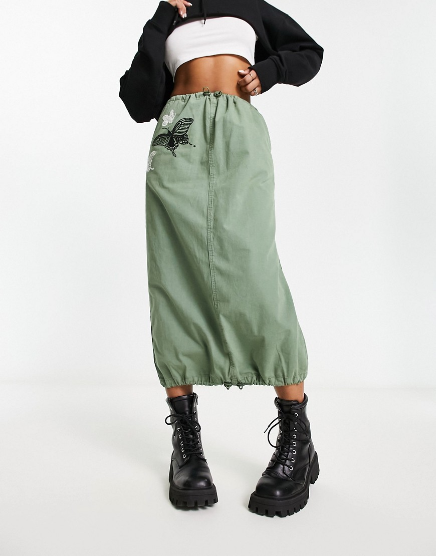 ASOS DESIGN butterfly print embroidered maxi skirt-Green