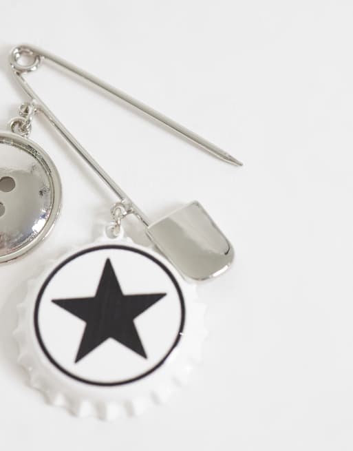 ASOS DESIGN button and bottle cap safety pin brooch in silver, 3 of 3